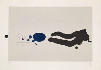 a black and blue drawing of a hand reaching for a blue object
