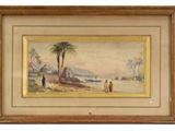 un tableau représentant une scène de plage avec des palmiers et un bateau