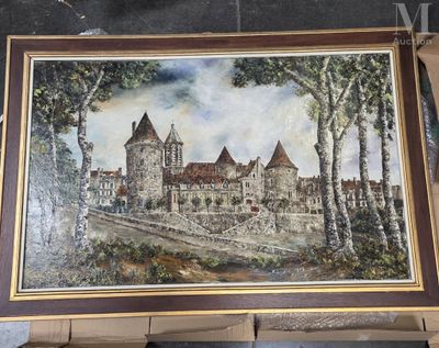 une photo d'un tableau représentant un château, posé sur un chevalet