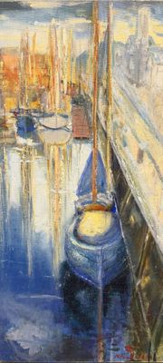 painting of a harbor scene with boats in the water and buildings in the background