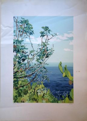 painting of a view of a body of water with a cactus in the foreground