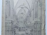dessin représentant l'intérieur d'une église, avec un homme marchant dans l'allée centrale