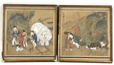 two framed paintings of people and animals in a wooded area