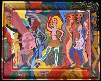 a painting of a group of people on a wall