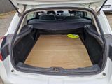 trunk of a white car with a wooden floor in a parking lot