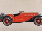 dessin représentant une vieille voiture rouge avec un toit noir et des pneus rouges