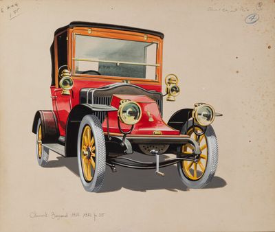 tableau représentant une vieille voiture rouge aux jantes jaunes sur un fond beige