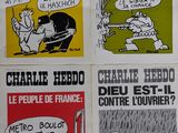 four posters of charlie heddo and other political cartoons on a wall