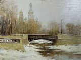 a painting of a bridge over a river in the snow