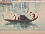 a painting of two people in a gondola on the water