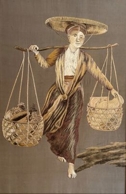 un tableau représentant une femme portant des paniers et un oiseau