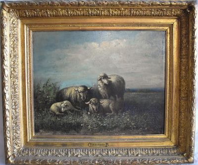 painting of sheep and lambs in a field with a sky in the background