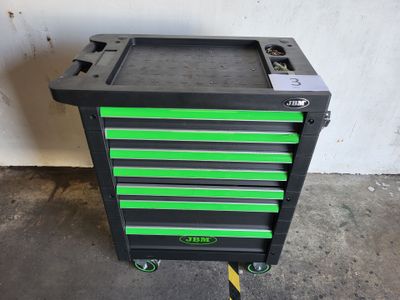 a black and green tool cart with five drawers on wheels