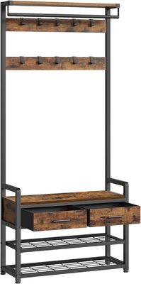 un porte-manteaux en bois et en métal, muni de deux tiroirs et d'une étagère