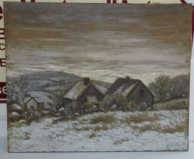 une photo d'un tableau représentant une ferme sous la neige