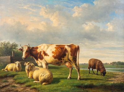 un tableau représentant une vache et un mouton dans un champ