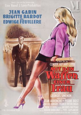 movie poster of a woman in high heels standing in front of a man in a suit
