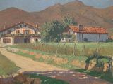 an oil painting of a farm with a dirt road in front of a house