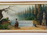 un vieux tableau représentant une femme et un chien au bord d'une rivière
