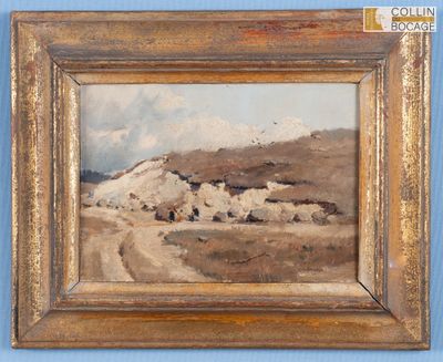 une image représentant un tableau représentant un paysage, dans un cadre doré, accroché à un mur bleu