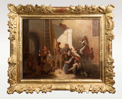 tableau représentant un groupe de personnes dans une cour
