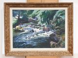 a painting of a stream running through a forest