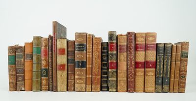 de nombreux livres anciens alignés sur une surface blanche