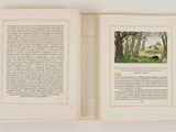 a open book with a picture of a man and a dog on it