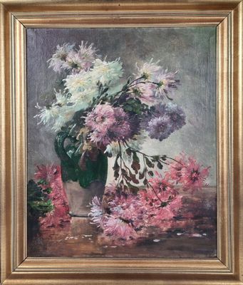 École française vers 1900. "Bouquet de chrysanthèmes au pich…