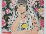 painting of a woman with a hat and scarf sitting at a table with flowers in the background