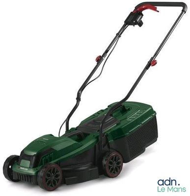 the lawn mower is green and black with a red handle