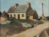 an image of a painting of a house on a hill with a cross in the background