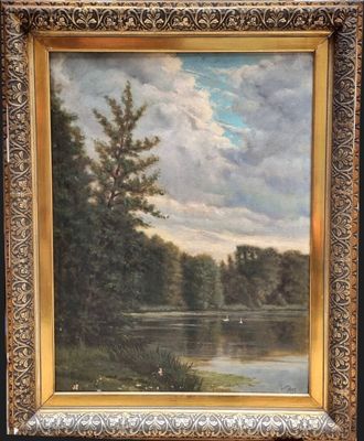 an oil painting of a river scene with a swan in the foreground