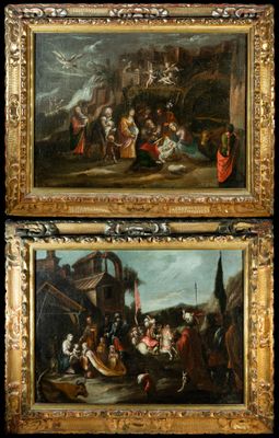 deux tableaux représentant des personnages et des animaux dans un paysage avec un château en arrière-plan