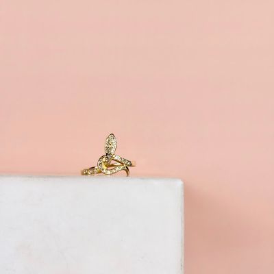an image of a gold ring sitting on top of a white marble block