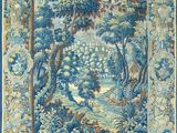 a blue and yellow tapestry with trees and flowers