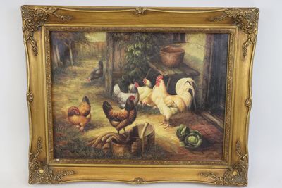 une peinture à l'huile représentant des poulets et des choux dans un décor de ferme