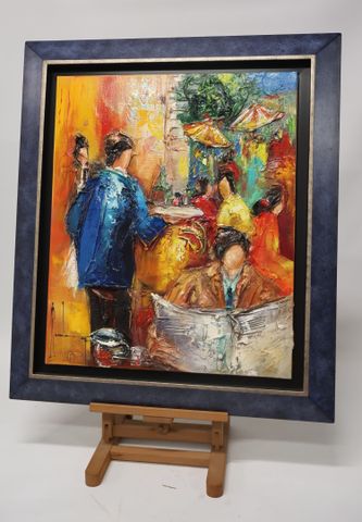 Christof MONNIN (1968) « Terrasse de bar, la pause ». Huile sur t...
