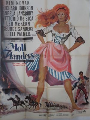 une vieille affiche de cinéma représentant une femme en robe rose et un homme en chemise blanche