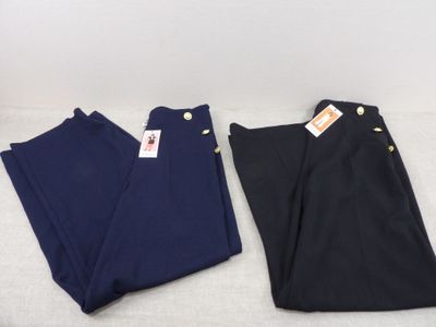 two pairs of navy blue pants with gold buttons on them