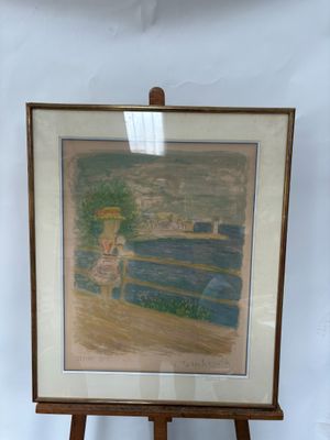 tableau représentant une femme assise sur un banc au bord de l'eau