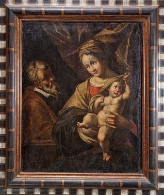 un vieux tableau représentant un homme tenant un bébé dans ses bras