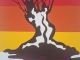 a painting of a tree with no leaves on it in front of a sunset