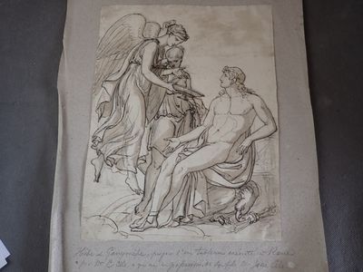 un vieux dessin représentant un homme assis sur une chaise à côté d'une femme