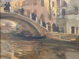 tableau représentant une gondole passant sous un pont, avec des personnes à bord