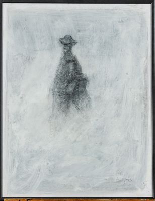 un tableau représentant un homme, coiffé d'un chapeau et vêtu d'un manteau, debout dans la neige