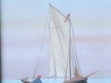 une peinture représentant un bateau sur l'eau, avec le ciel en arrière-plan
