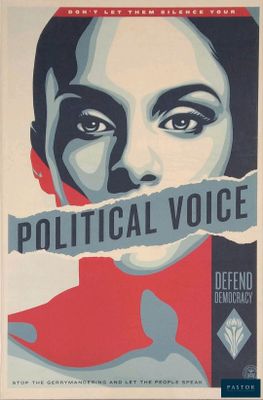 affiche politique représentant une femme tenant un morceau de papier devant son visage