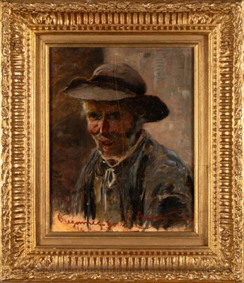 an oil painting of a man wearing a hat in a gold frame