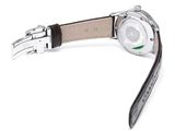 watch on a white background with a black strap and a white dial
